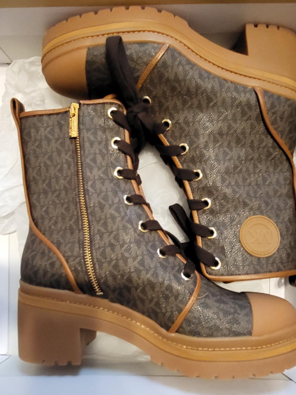 Michael Kors Brown Monogram Corey Lace-Up Chunky Heel Bootie